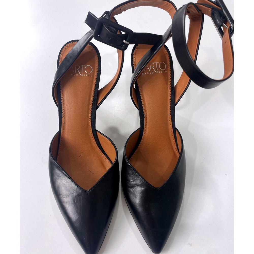 Franco Sarto Santi Black Leather Ankle Strap Pointed Toe Pumps Heels 7.5 Buckle